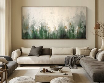 Original Oversized Green Canvas Wall Art,Modern Green Living Room Painting,Beige Green Abstract Oil Painting,Exquisite Green Wall Decoration