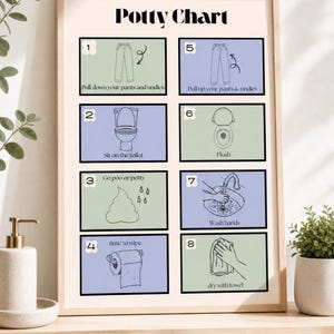 May include: A framed Potty Chart poster featuring eight numbered steps with illustrations and text. The steps include pulling down pants, sitting on the toilet, going to the bathroom, wiping, pulling up pants, flushing, washing hands, and drying with a towel.