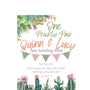 Invitation premier anniversaire de jumeaux Cactus en téléchargement numérique Carte imprimable pour premier anniversaire de jumeaux, décoration de fête à thème du désert, célébration d'une paire de épines