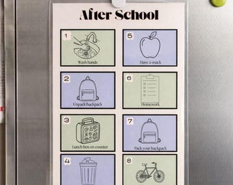 May include: A white After School checklist chart in a clear plastic sleeve, featuring eight numbered boxes with black line drawings and text: 1 Wash hands, 2 Unpack backpack, 3 Lunch box on counter, 4 Throw away old food, 5 Have a snack, 6 Homework, 7 Pack your backpack, 8 Play outside.