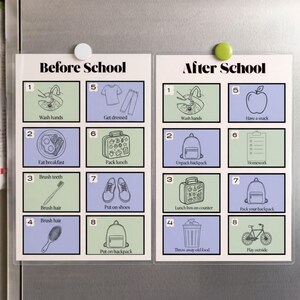 Puede incluir: Dos tablas rectangulares tituladas Before School y After School, con pasos numerados e iconos de líneas en cajas alternas de color verde salvia y azul bígaro, que ilustran diversas tareas diarias.