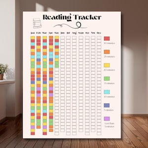 May include: A beige Reading Tracker chart with a colorful grid for tracking reading time. The chart includes the months of the year and time increments from less than 5 minutes to 30 minutes.