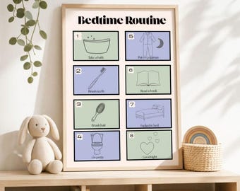 May include: A rectangular wall poster titled Bedtime Routine featuring eight numbered panels with illustrations and text. The panels depict a bathtub, toothbrush, hairbrush, toilet, pajamas, open book, bed, and heart, using soft green and purple colors.