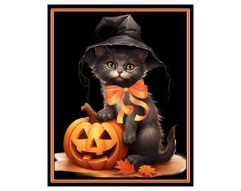 May include: A digital illustration of a black kitten wearing a witch hat and an orange bow. The kitten sits next to a carved jack-o'-lantern. The background is black with an orange border, and there are orange leaves at the bottom.