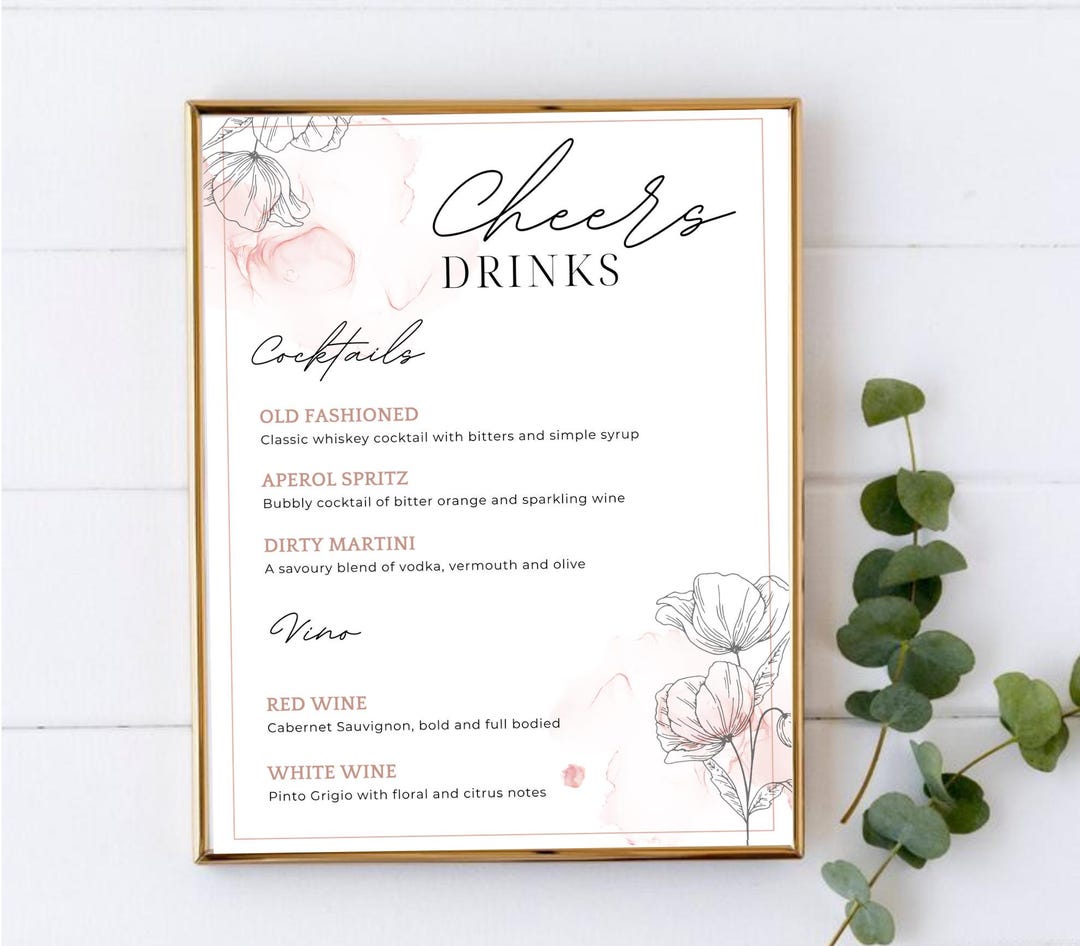 Menu Sign Pink Pink Flowy Wedding Party Bar Menu Sign - Etsy