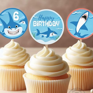 Editable Shark Cupcake Toppers: Birthday Party Decorations (CANVA Digital Download
