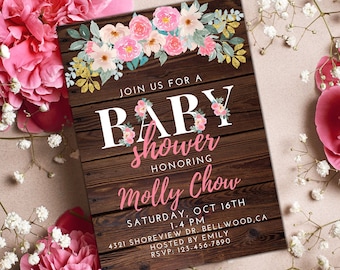 Barnwood Baby Shower Invitation, Floral Baby Shower Invite, Farmhouse Baby Shower, Rustic Shower Invite, Baby Girl, PERSONALIZED INVITATION