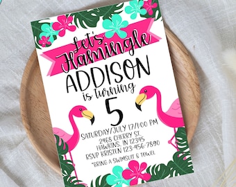 May include: A pink and white birthday invitation with a tropical theme. The invitation says "Let's Hamingle Addison is turning 5" with pink flamingos and tropical leaves. The invitation includes the date, time, address, RSVP information, and a note to bring a swimsuit and towel.