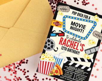 May include: A black and white movie night party invitation with red, blue, and yellow accents. The invitation features a movie reel, popcorn, a drink, pizza, and 3D glasses. The text reads "Pop over for a Movie Night! To celebrate Rachel's 12th Birthday!" and includes the date, time, and location of the party.