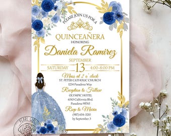 May include: A Quinceañera invitation with a gold border and blue floral decorations. The invitation includes the text "Quinceañera Honoring Daniela Ramirez" and event details. The design incorporates a watercolor illustration of a girl in a blue gown.