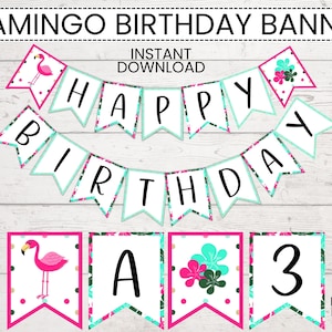 Flamingo Happy Birthday Banner: Tropical Party Decoration (Digital Download)
