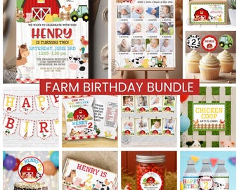 May include: A collection of farm-themed birthday party supplies. Includes invitations, banners, cupcake toppers, water bottle labels, and a photo display. Designs feature a red barn, farm animals, and the text "Henry is Turning Two!"