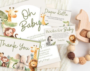Safari Baby Shower Invitation Bundle: Jungle Animals, Gender Neutral (Canva Template - Digital Download