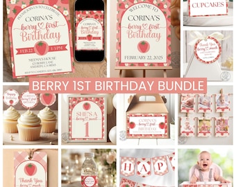 Berry First Birthday Bundle, Strawberry Birthday Bundle, Editable Berry First Birthday Invitation, Berry First Birthday Decor, 1st Birthday
