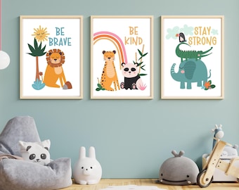 Safari Animal Nursery Wall Art Set, Jungle Safari Prints, Boho Animal Poster Set, Kids Room Wall Art, Affirmation Poster, Boho Nursery