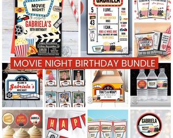 Editable Movie Night Party Bundle, Movie Birthday Invite, Movie Night Birthday, Movie Party, Popcorn, Party Package, Canva Template