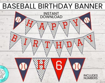 May include: Printable baseball birthday banner with red and blue pennants. The pennants have white stripes and say "Happy Birthday" and include numbers. The banner is perfect for a baseball-themed birthday party.