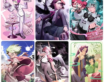 May include: A collection of six rectangular anime-style art prints featuring various characters in distinct settings, including a waiter with desserts, a student with a crow, a teal-haired figure, a caped character, a winged figure, and two people.