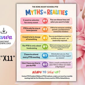 Editable PTA/PTO Recruitment Flyer Template: Parent Group Myths & Facts (CANVA Template, Digital Download)