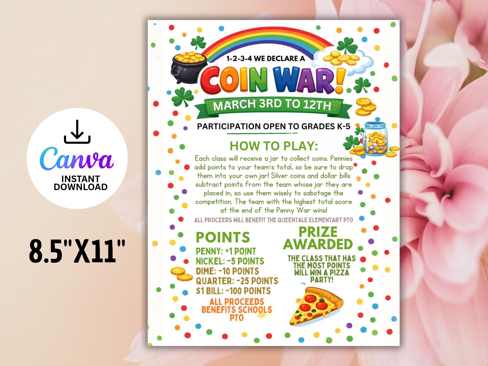 St. Patrick's Day Coin War Flyer | Editable School Fundraiser (canva ...