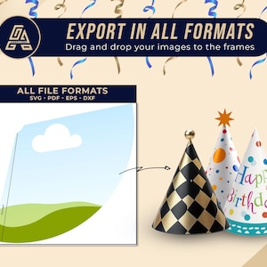 Könnte beinhalten: Bild mit dem Text "EXPORT IN ALL FORMATS" und "ALL FILE FORMATS". Es zeigt drei Partyhüte: einen schwarz-gold karierten Hut, einen gepunkteten Hut und einen "Happy Birthday" Hut.