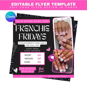 Op de afbeelding: Een flyer sjabloon met een zwarte achtergrond en roze accenten die "Frenchie Fridays" nail art diensten promoot. De flyer bevat afbeeldingen van gemanicuurde nagels, prijzen en contactgegevens. Het Canva-logo is zichtbaar.