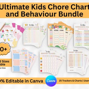 May include: A bundle of printable chore charts and behavior trackers for kids. The charts include daily checklists, allowance trackers, and habit trackers. The bundle is available in A4 and US Letter sizes. The text on the image says "Ultimate Kids Chore Chart and Behaviour Bundle".