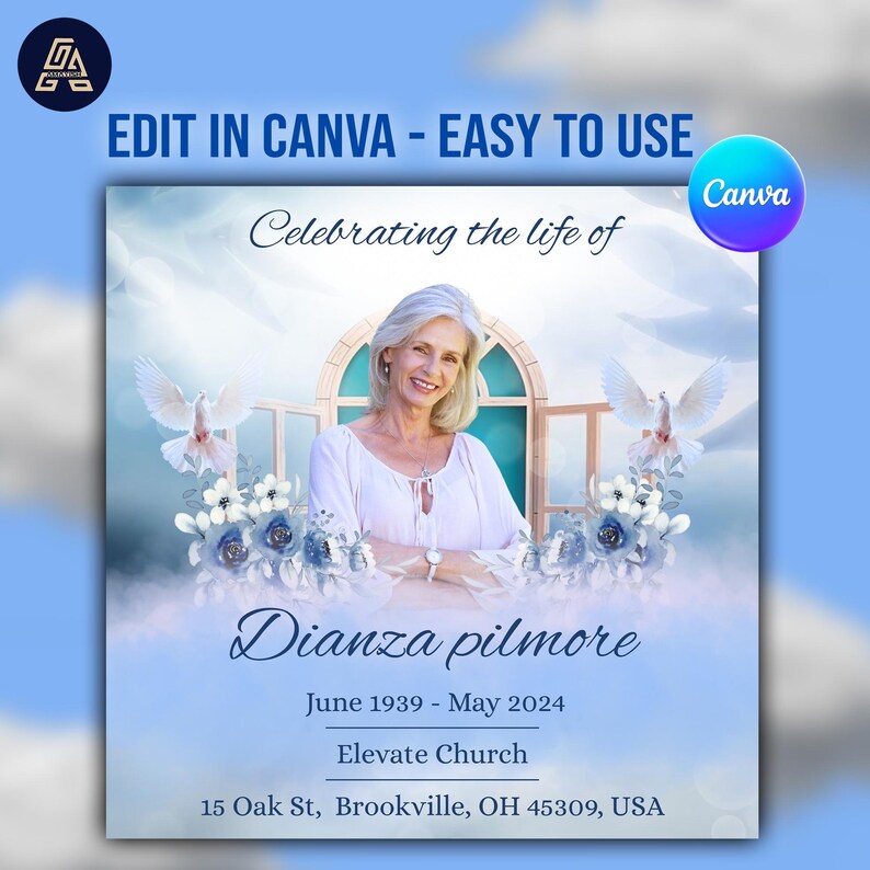 Memorial Funeral Announcement Flyer, Canva Editable Template (digital ...