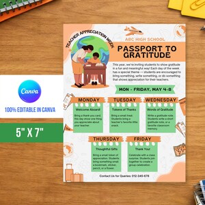 Könnte beinhalten: Ein farbenfrohes Flugblatt für die Lehrer-Wertschätzungswoche mit dem Text "Passport to Gratitude". Das Flugblatt enthält Illustrationen eines Lehrers und eines Schülers sowie einen Zeitplan der Aktivitäten. Das Flugblatt misst 12,7 cm x 17,8 cm.