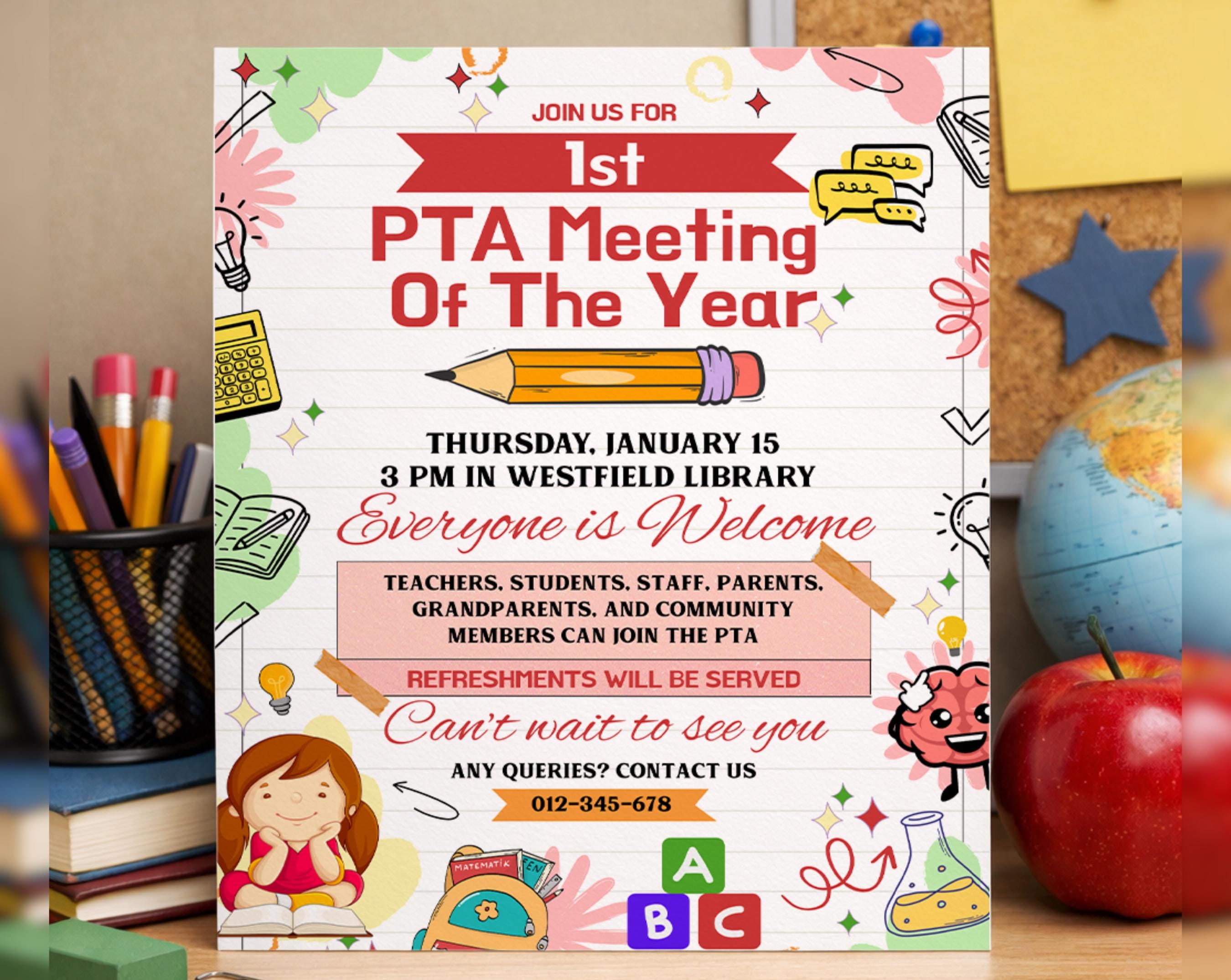 Editable PTA PTO Meeting Flyer | Canva Parent Group Invitation Template ...