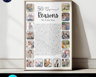 50 Reasons We Love You Poster, Photo Collage Gift (Canva Editable)