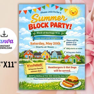 Könnte beinhalten: Eine farbenfrohe Einladung zu einer Sommer-Blockparty mit sonnigem Himmel, Häusern und einer fröhlichen Sonnenillustration. Der Flyer enthält Details für ein Potluck, BBQ und Spiele, mit dem Text "Summer Block Party!" und den Maßen 21,59 cm x 27,94 cm.