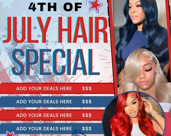 Folleto especial de peluquería del 4 de julio, reserva de salón, editable en Canva (descarga digital)