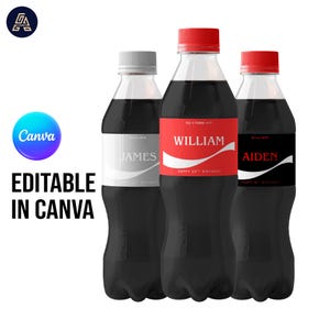 Puede incluir: Tres botellas de refresco personalizadas con etiquetas rojas, blancas y negras. Las etiquetas presentan nombres como "William" y "Aiden", con mensajes de cumpleaños. También se ve el texto "Editable in Canva".