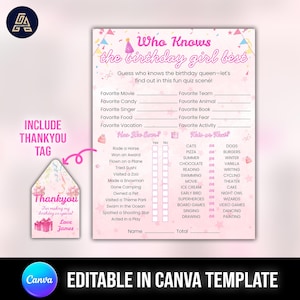 Who Knows The Birthday Girl Best,  Birthday Party Game, Birthday Game for Girls, Birthday Trivia Game, Birthday Girl Game, Canva Editable