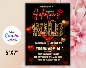 Cheetah Galentines Day Party Invitation: Valentines Leopard Invite Digital Galentines Girl Night Party Invite Dinner Editable Canva Template