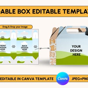 May include: A gable box template with a handle, featuring a light blue and brown design. The text "YOUR DESIGN HERE" is visible. The template includes a layout for front and back designs. The words "GABLE BOX EDITABLE TEMPLATE" are at the top.