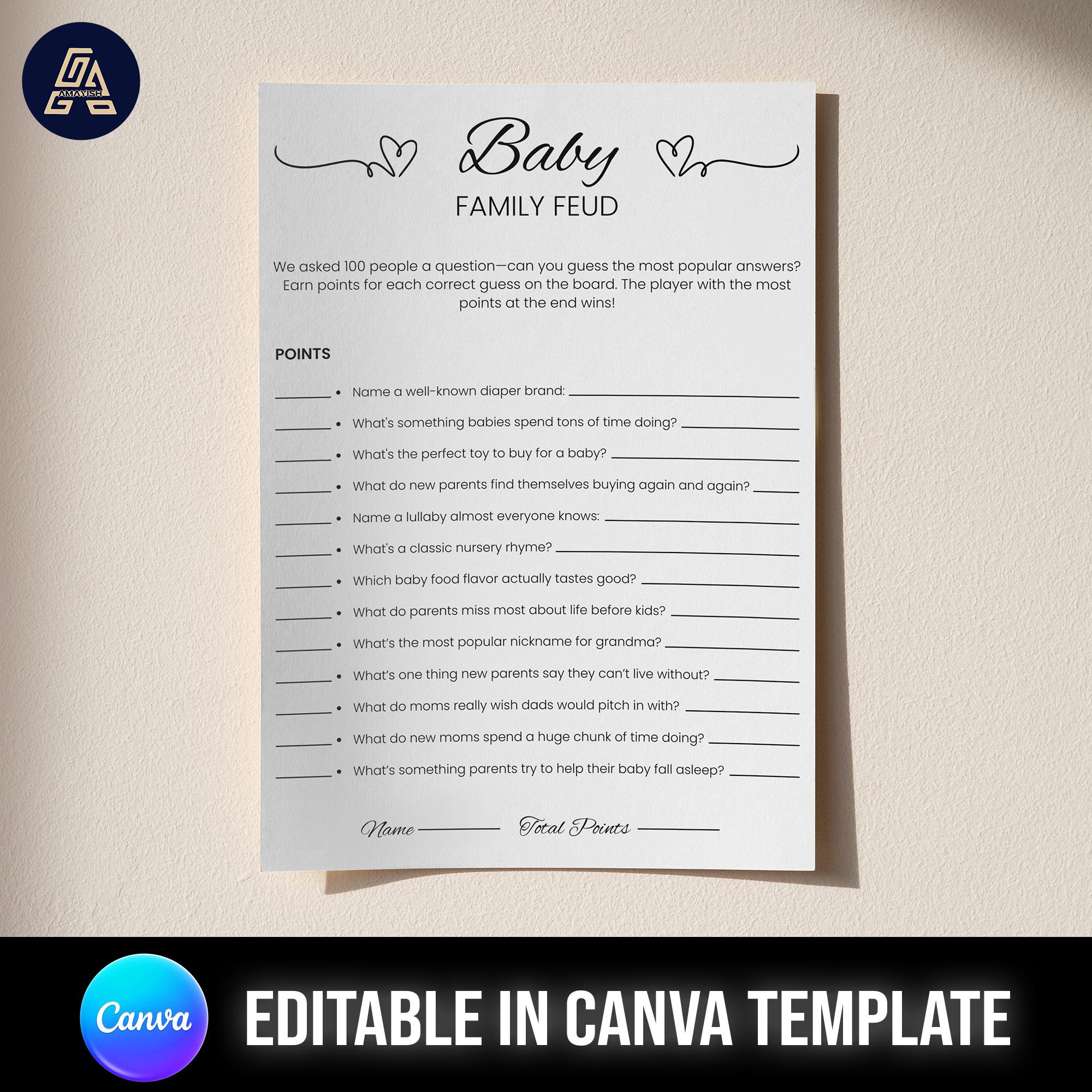 Baby Shower Game Family Feud, Bridal Shower Feud Game, Bachelorette Party Game, Baby Shower Games Printable, Family Feud Game,Canva Editable