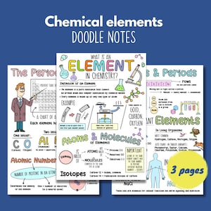 May include: Three pages of doodle notes on chemical elements, with diagrams and text explaining elements, atoms, and molecules. The notes include illustrations of the periodic table, examples, and key concepts.