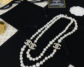 Authentic chanel Classic Square Diamond Long Pearl necklace