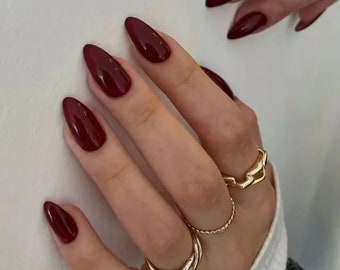 Mid Length Almond Red Wine Press On Nails | Short Thick High Quality False Nails | Set of x 30 | Stick on Nails