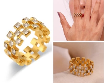 High End Checker Geometrische Zirkon Mode Chunky Vergoldeter Edelstahl | Hochwertiges Geschenk für sie | Trending anlauffreier Schmuck