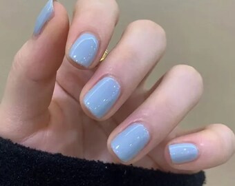 Popular Short Sky Blue Press On Nails | Thick High Quality False Nails | Set of x 24 | Short Stick on Nails