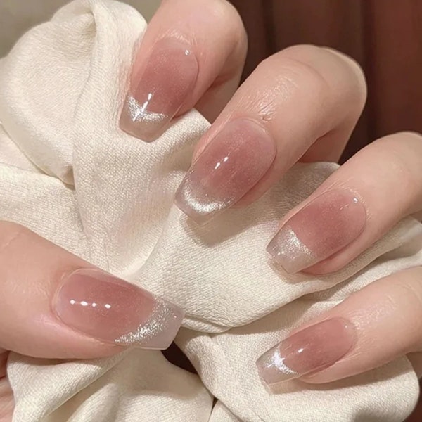 Trending Cat Eye Press On Nails | Long Ballet Thick High Quality False Nails | Set of x 24 | Sparkly Shimmering Beige Short Stick on Nails