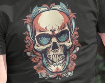 May include: A black t-shirt with a colorful skull graphic. The skull is surrounded by floral designs in shades of red, blue, and green.
