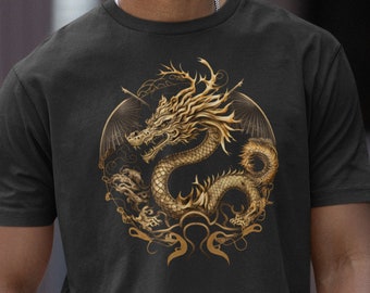Golden Asian Dragon Graphic T-Shirt: Unisex Fantasy Tee