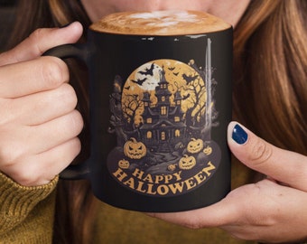 Happy Halloween Black Ceramic Mug: Haunted House Jack O&#39;Lanterns, Spooky Season Gift