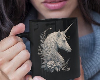 Unicorn Tattoo Art Black Ceramic Mug - Fantasy Coffee Mug (11oz)
