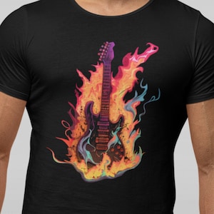 Flaming Electric Guitar graphic T-shirt. Music lover apparel. Metal T-shirt. Guitar Musician gift.
