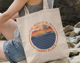Katoenen canvas draagtas strandzonsondergang: milieuvriendelijke herbruikbare shopper, cadeau strandliefhebber